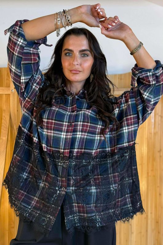 Zeta Otto Brushed Cotton Boxy Plaid Lace Blouse /8=